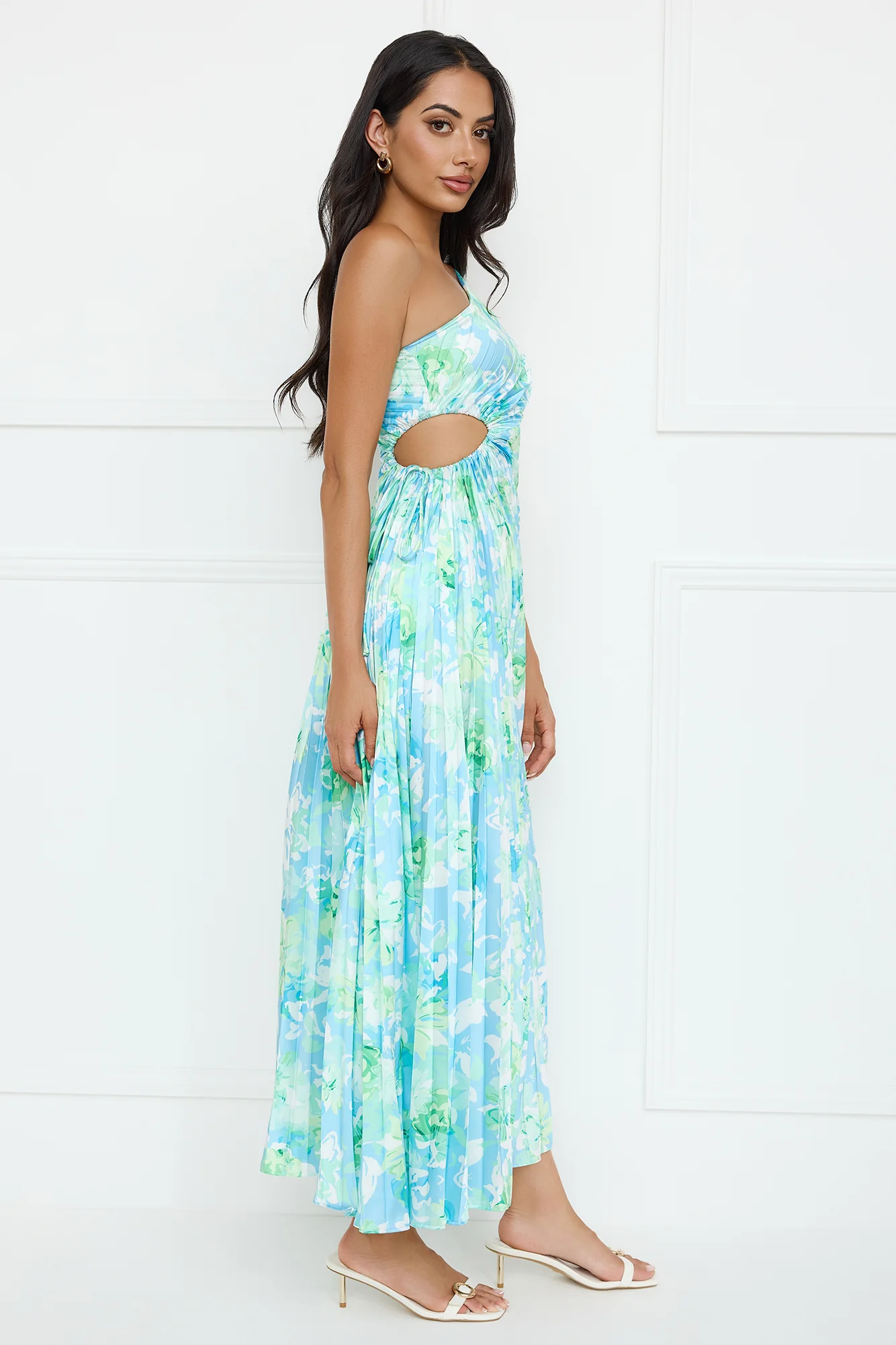 Emerald Ice One Shoulder Satin Pleated Maxi Dress Blue