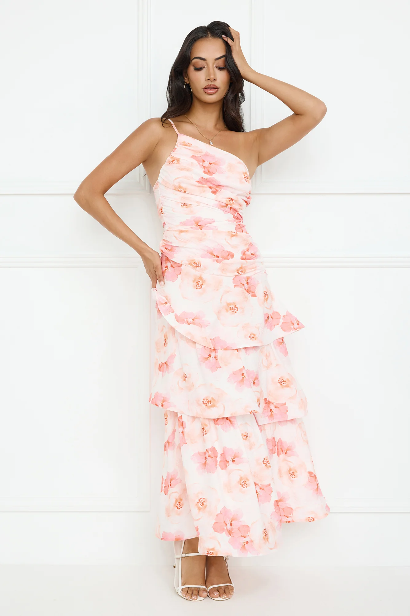 Petal Whirl One Shoulder Maxi Dress Pink