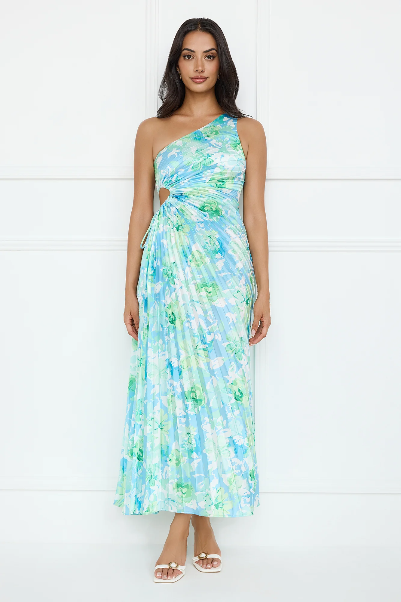 Emerald Ice One Shoulder Satin Pleated Maxi Dress Blue