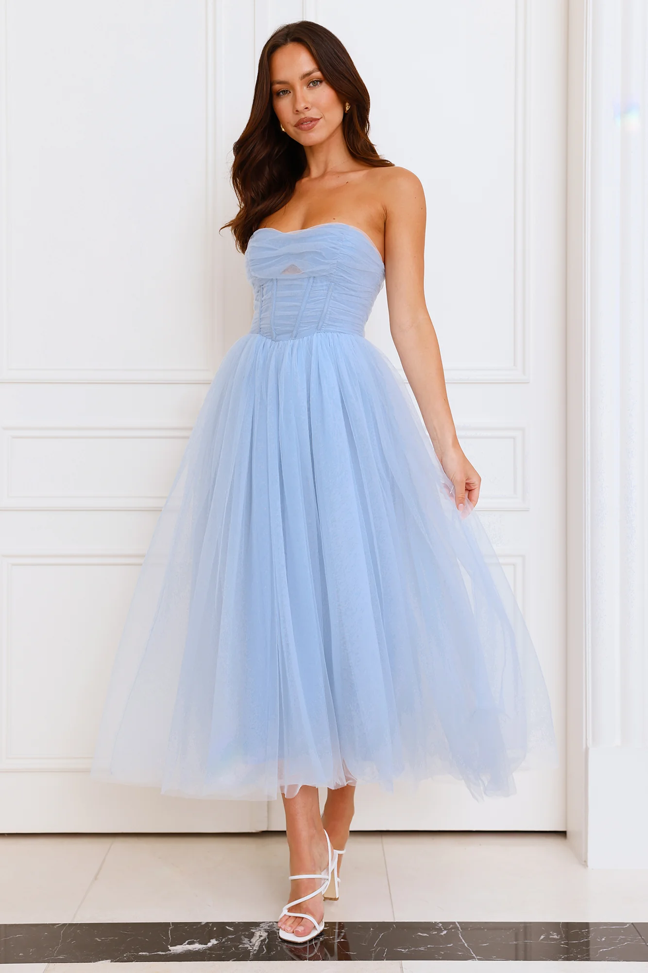 Beauty Pageant Strapless Tulle Midi Dress Blue