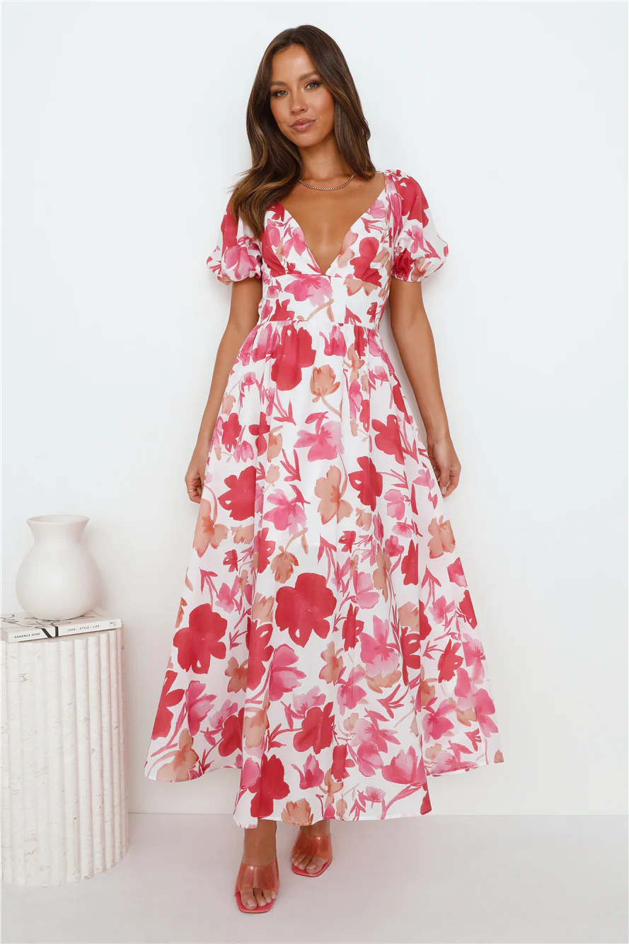 Leaves Falling Maxi Dress Red