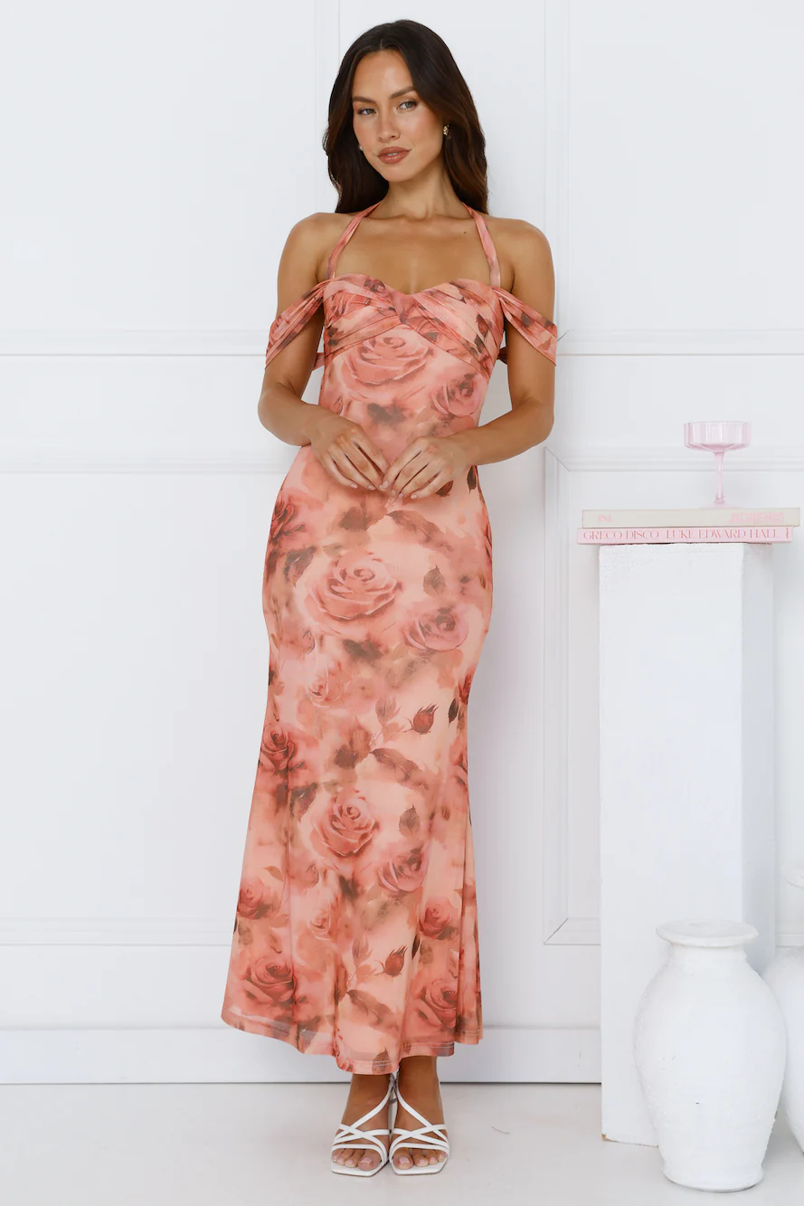 Iconic Girl Halter Mesh Maxi Dress Peach