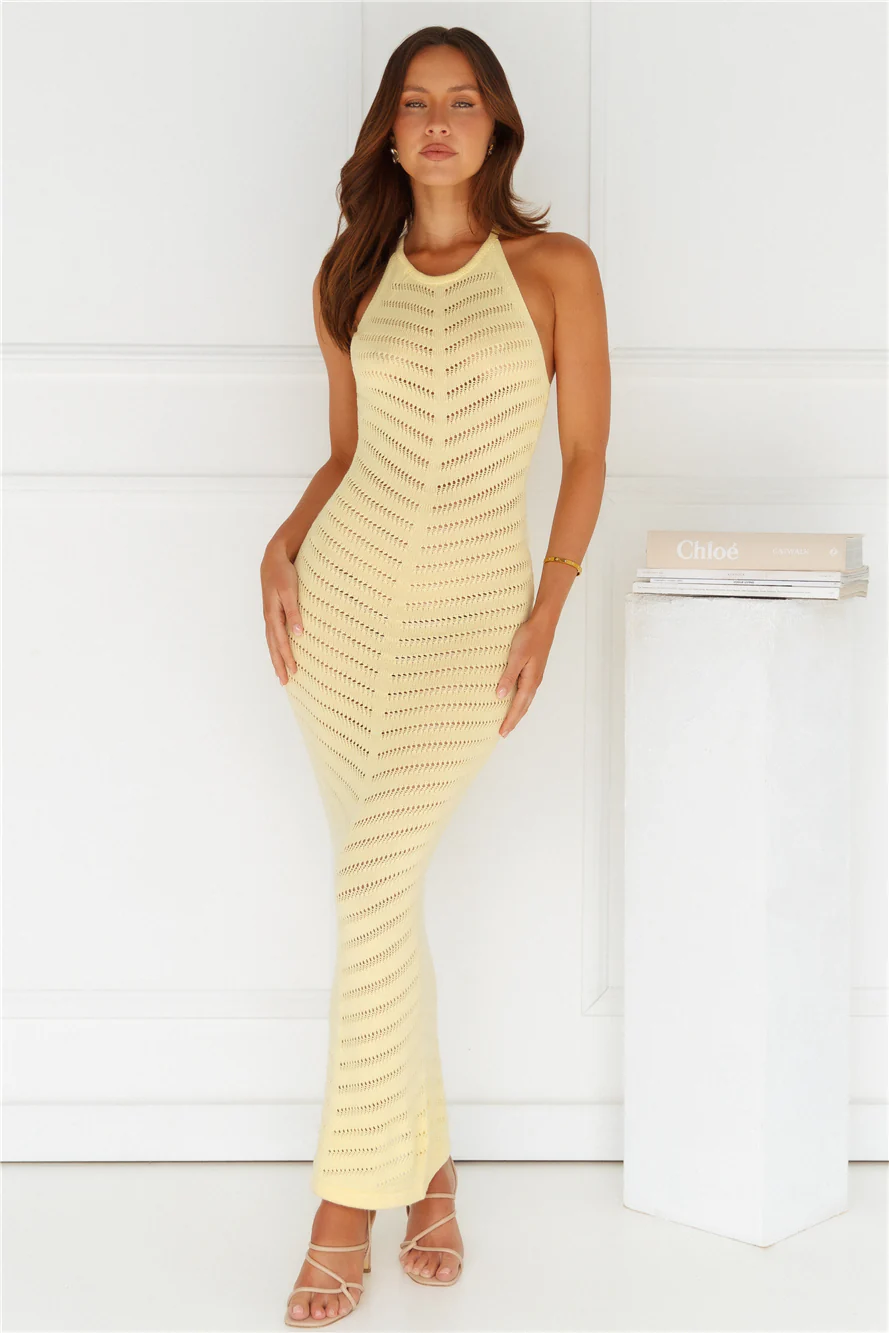 Sandy Sea Knit Halter Midi Dress Yellow