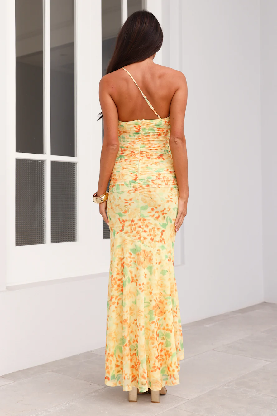 Posh Perfection One Shoulder Mesh Maxi Dress Yellow