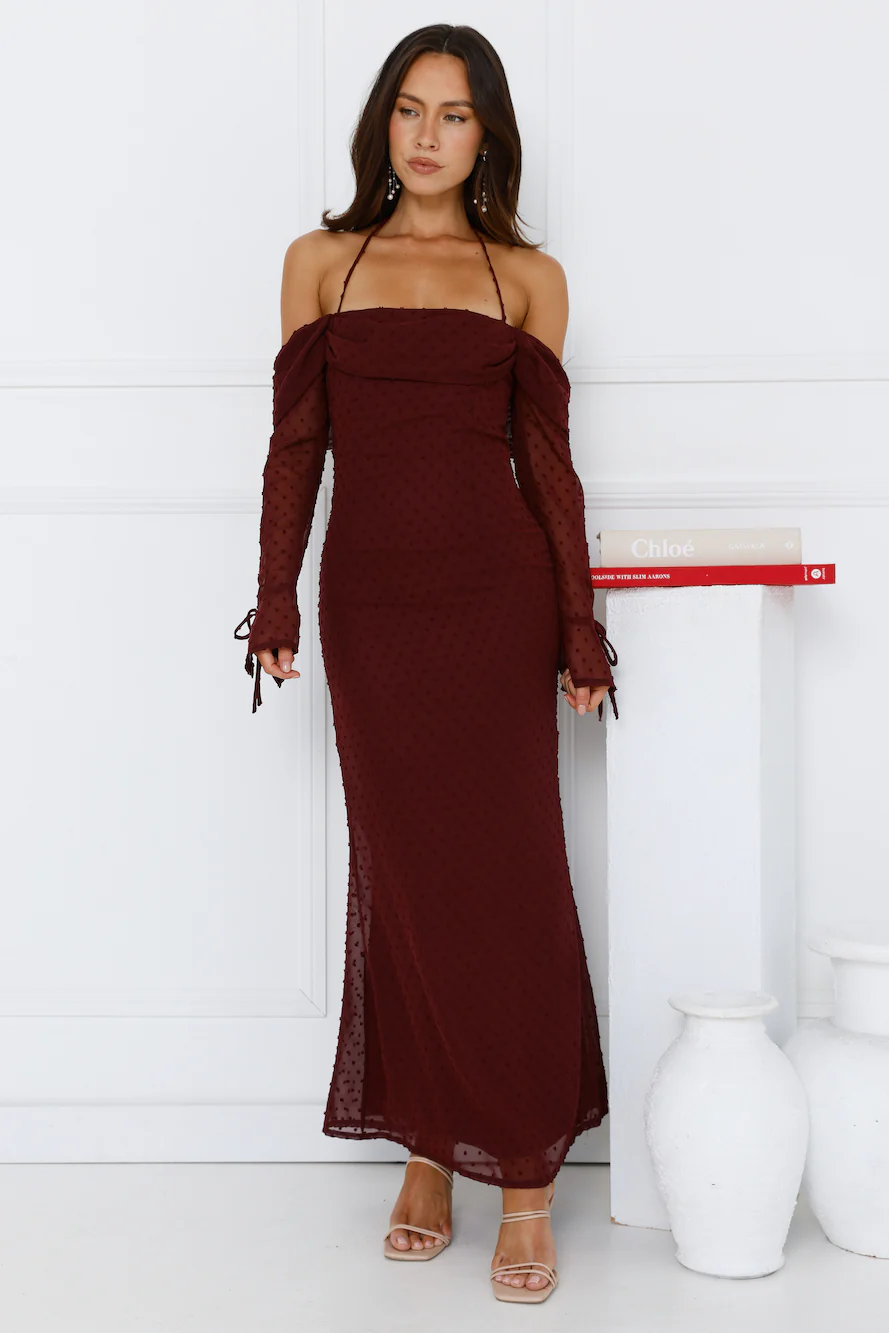 One Stylish Moment Off Shoulder Maxi Dress Wine