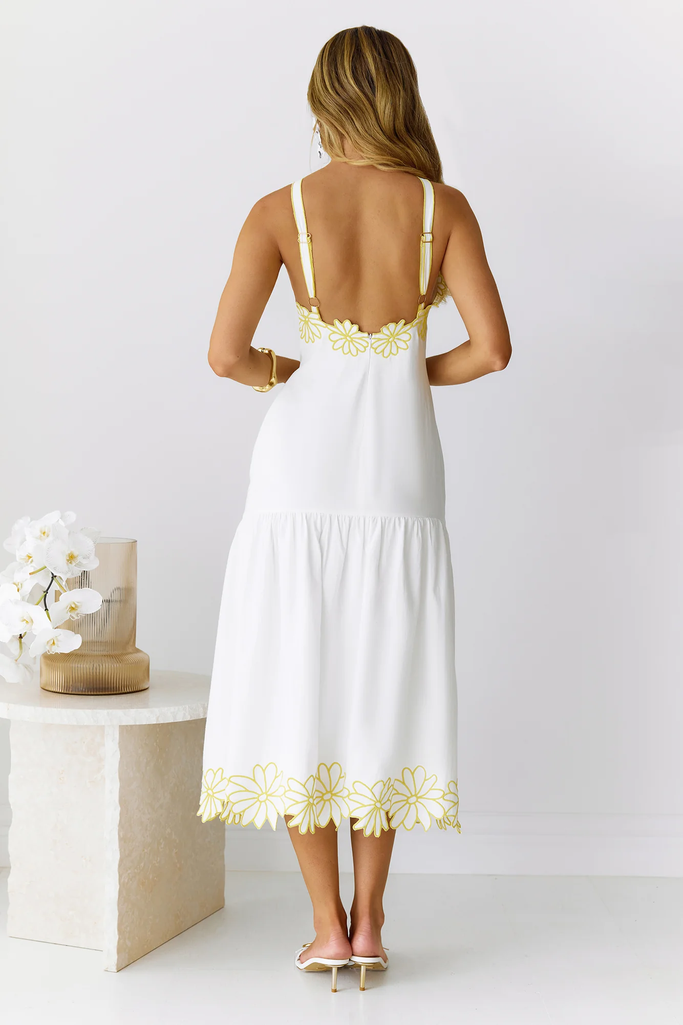 Golden Petals Midi Dress White