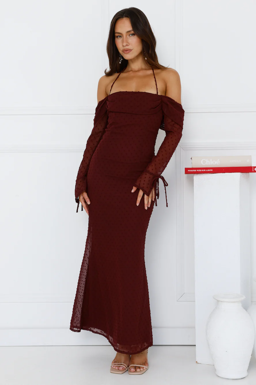 One Stylish Moment Off Shoulder Maxi Dress Wine