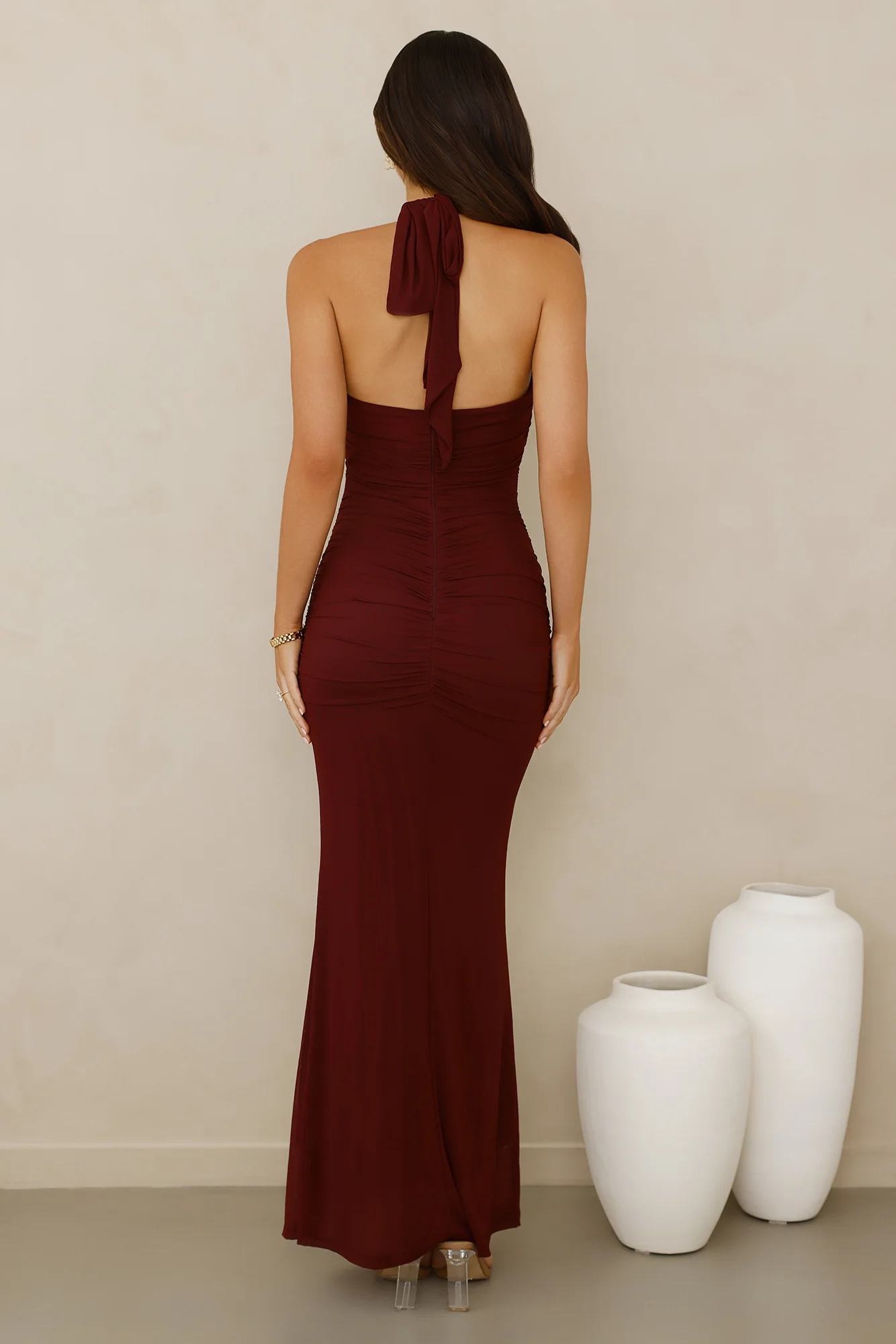 Irresistible Style Mesh Halter Maxi Dress Burgundy