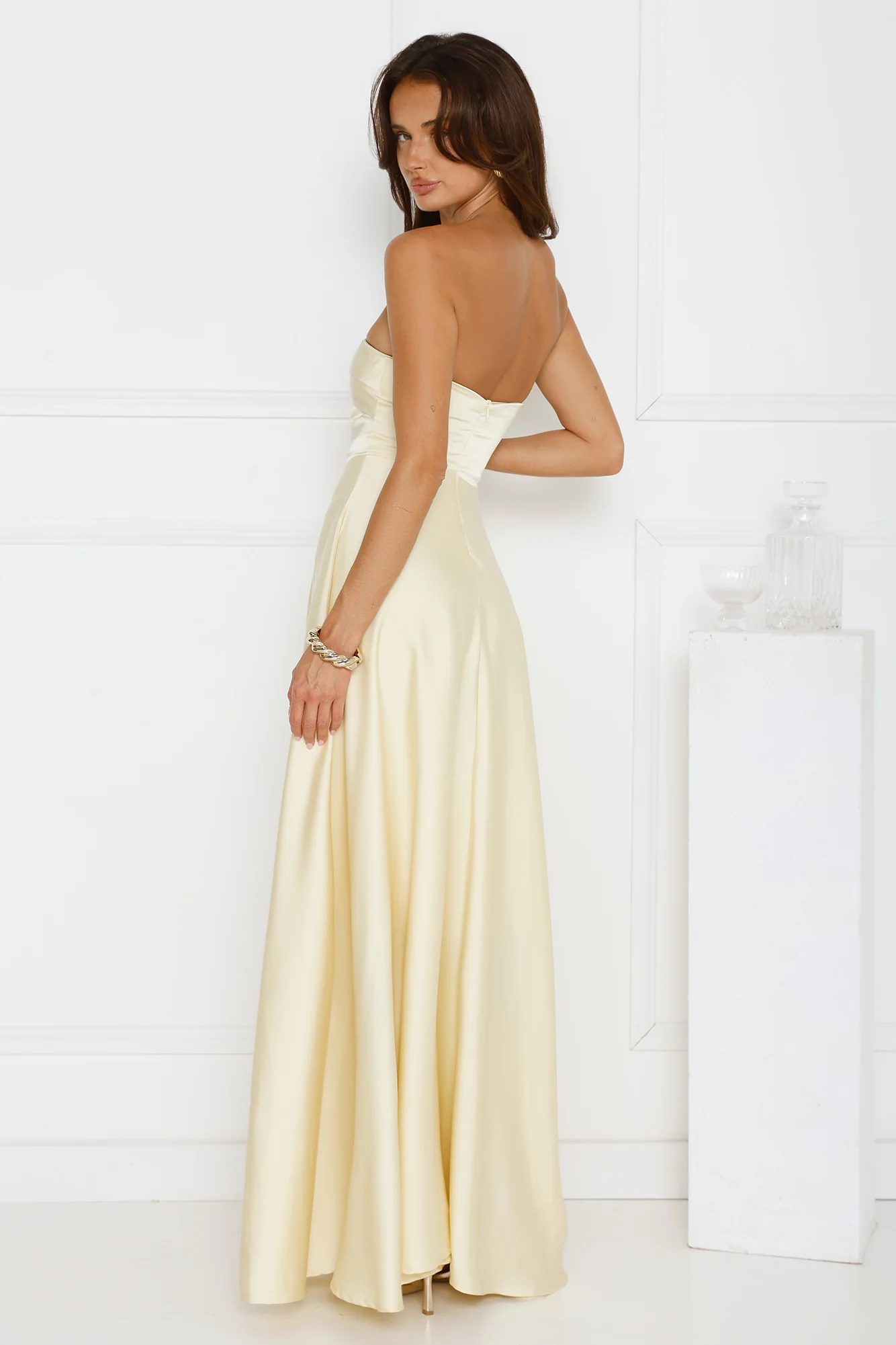 Unspoken Wishes Strapless Satin Maxi Dress Yellow