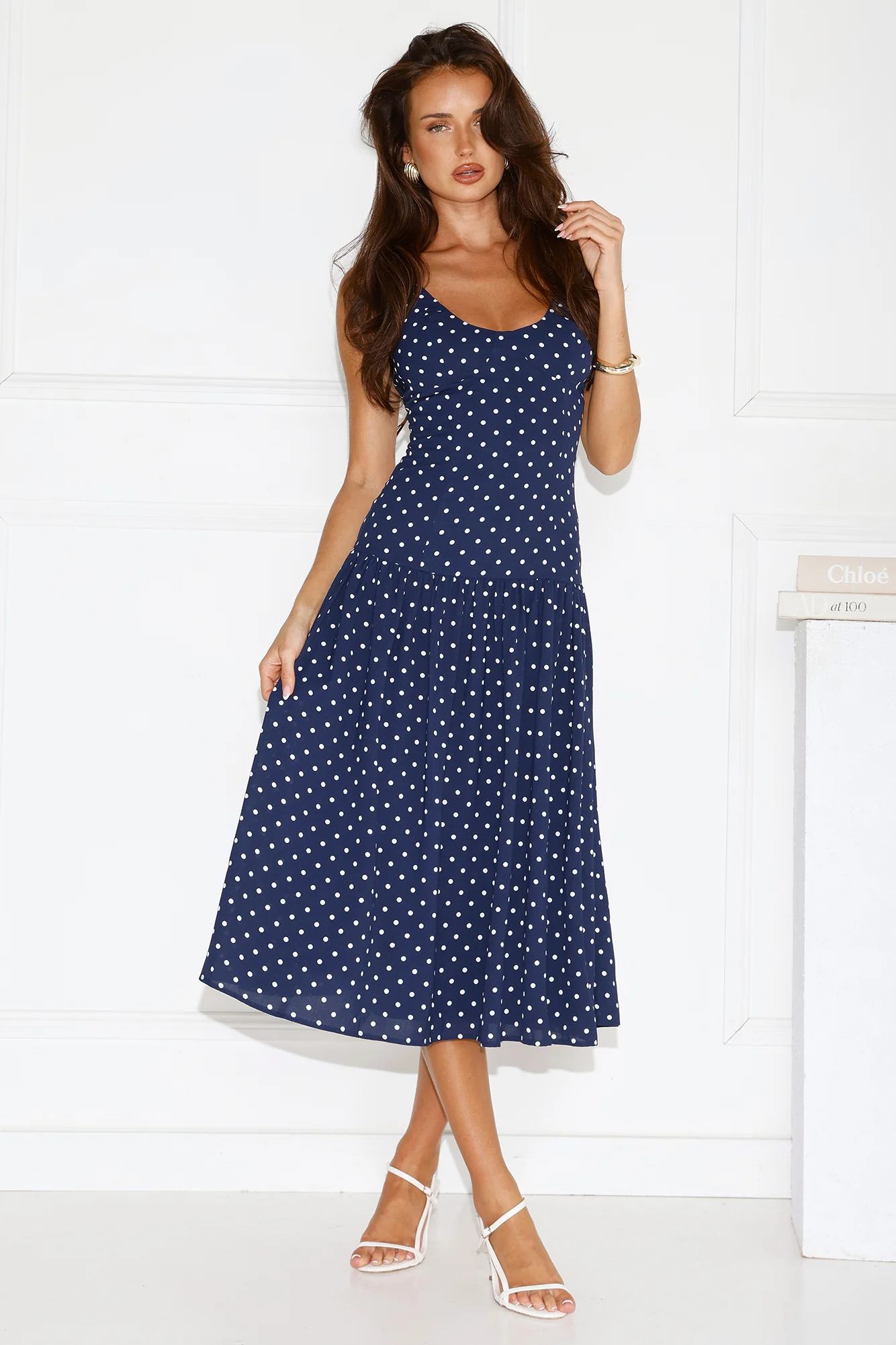 Polka Dot Charm Midi Dress Navy