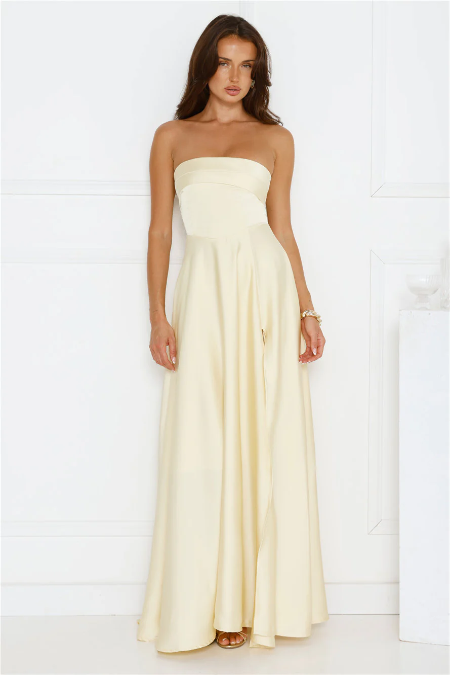 Unspoken Wishes Strapless Satin Maxi Dress Yellow