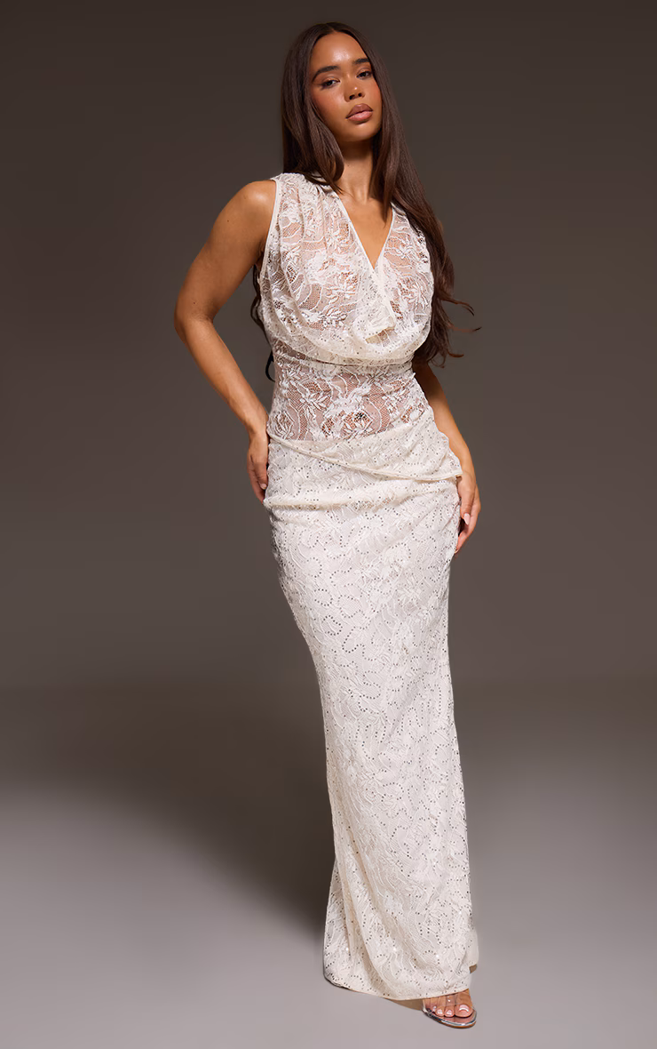 Cream Sequin Lace Sleeveless Cowl Front Top