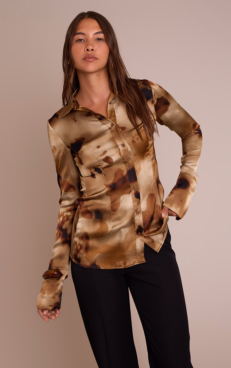 Brown Floral Abstract Print Satin Fitted Shirt