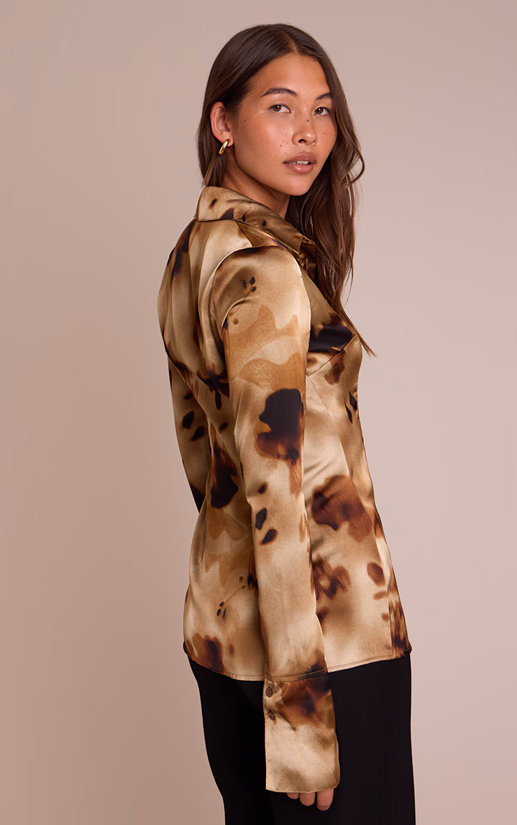 Brown Floral Abstract Print Satin Fitted Shirt