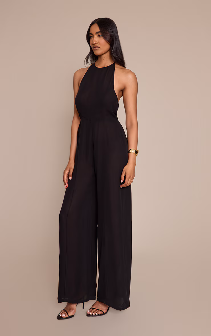 Black Chiffon Halterneck Straight Leg Jumpsuit