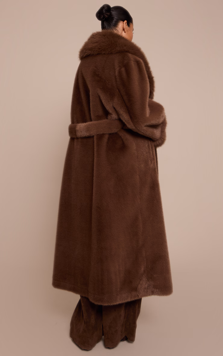 Plus Chocolate Faux Fur Self Tie Oversized Coat