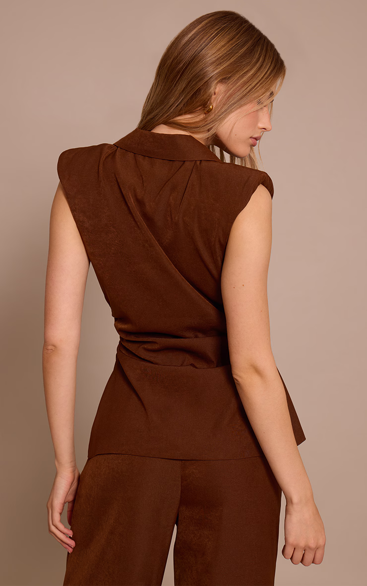 Chocolate Tailored Woven Ruched Waist Shoulder Pad Vest