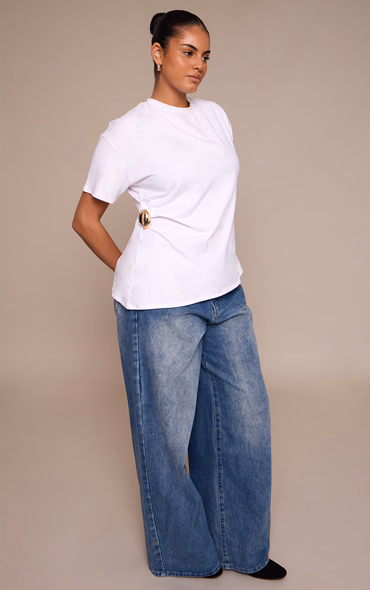 Plus White Trim Detail Asymmetric Hem T Shirt