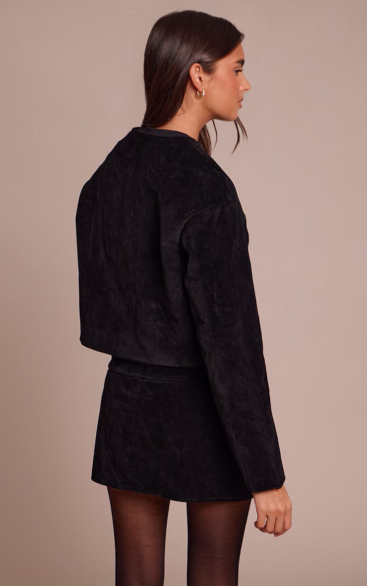 Black Round Neck Gold Button Suede Jacket