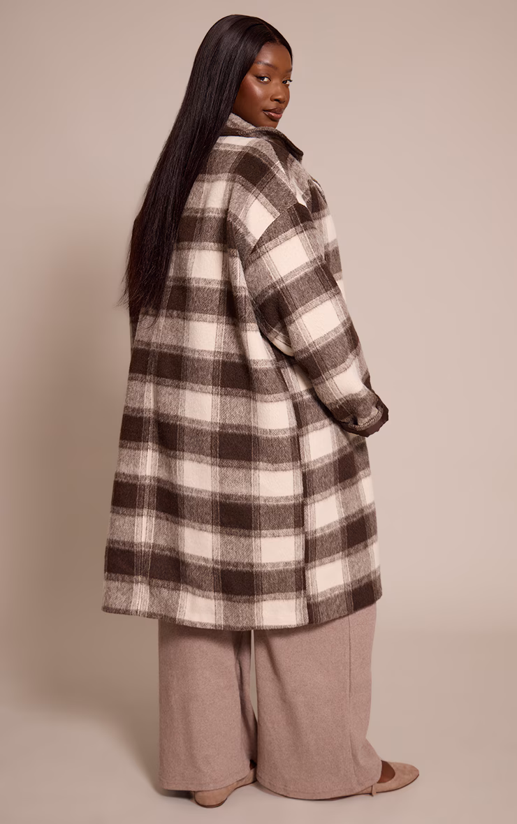 Plus Brown Checked Structured Double Breasted Wool Look Maxi Coat