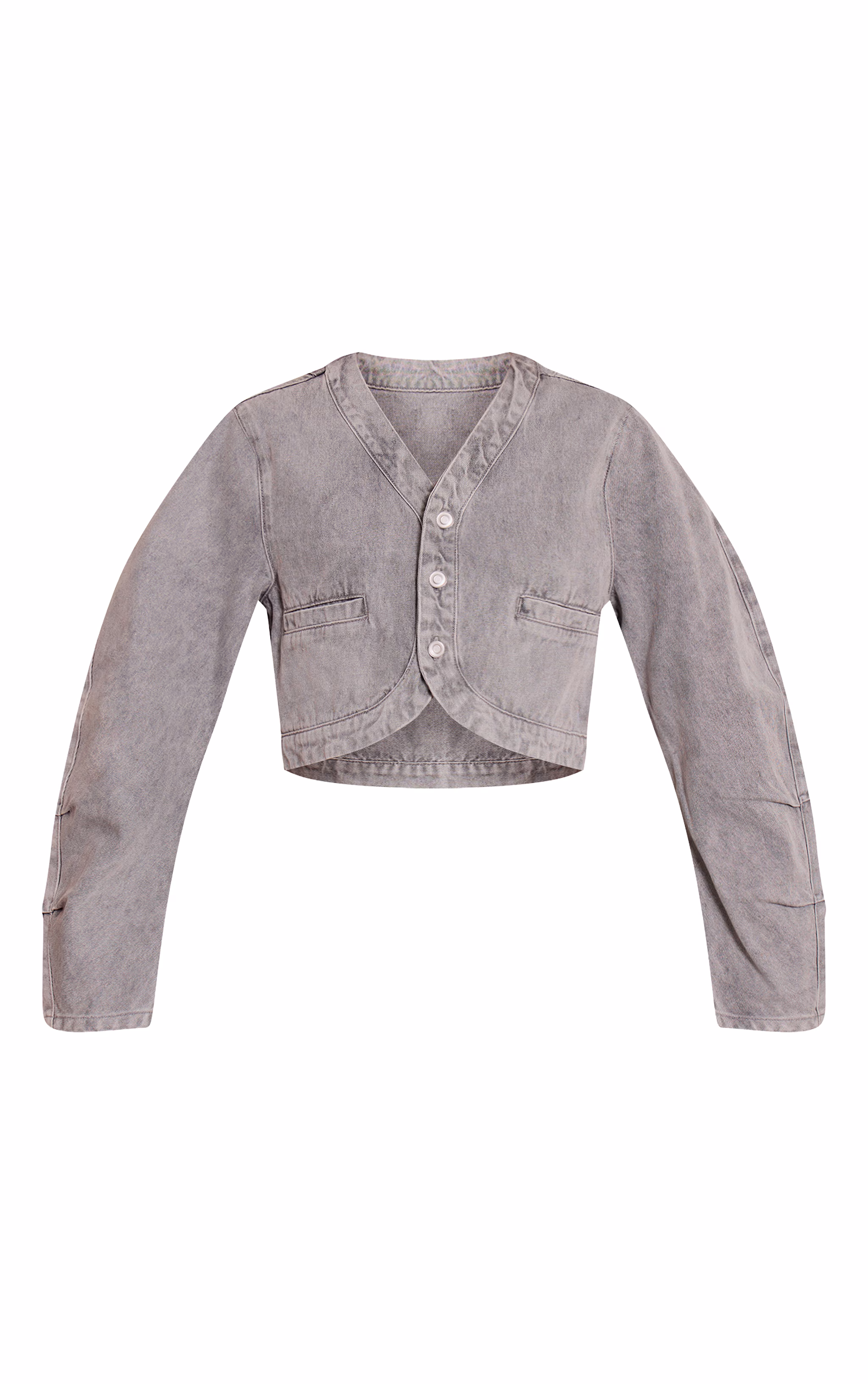 Grey V Neck Curved Hem Cropped Denim Jacket