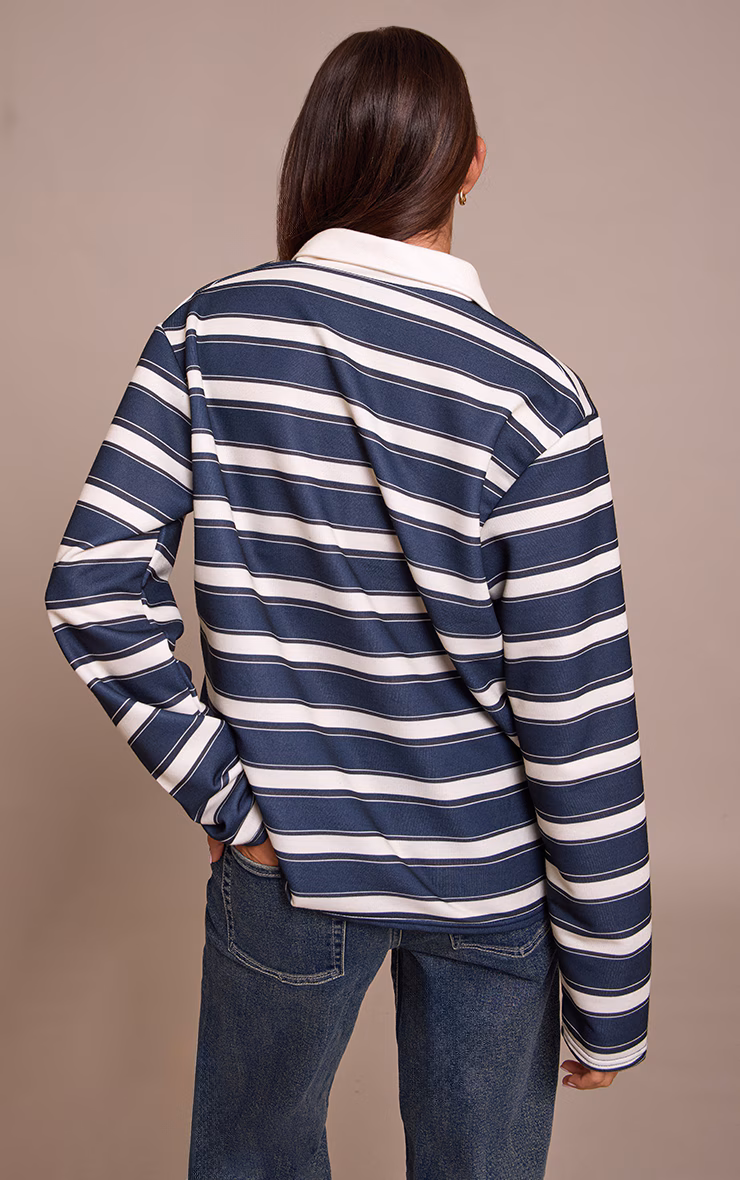 Navy Stripe Cotton Polo Rugby Top