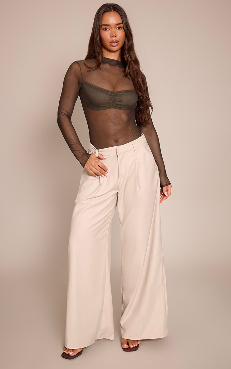 Olive Bust Panel Mesh High Neck Long Sleeve Bodysuit