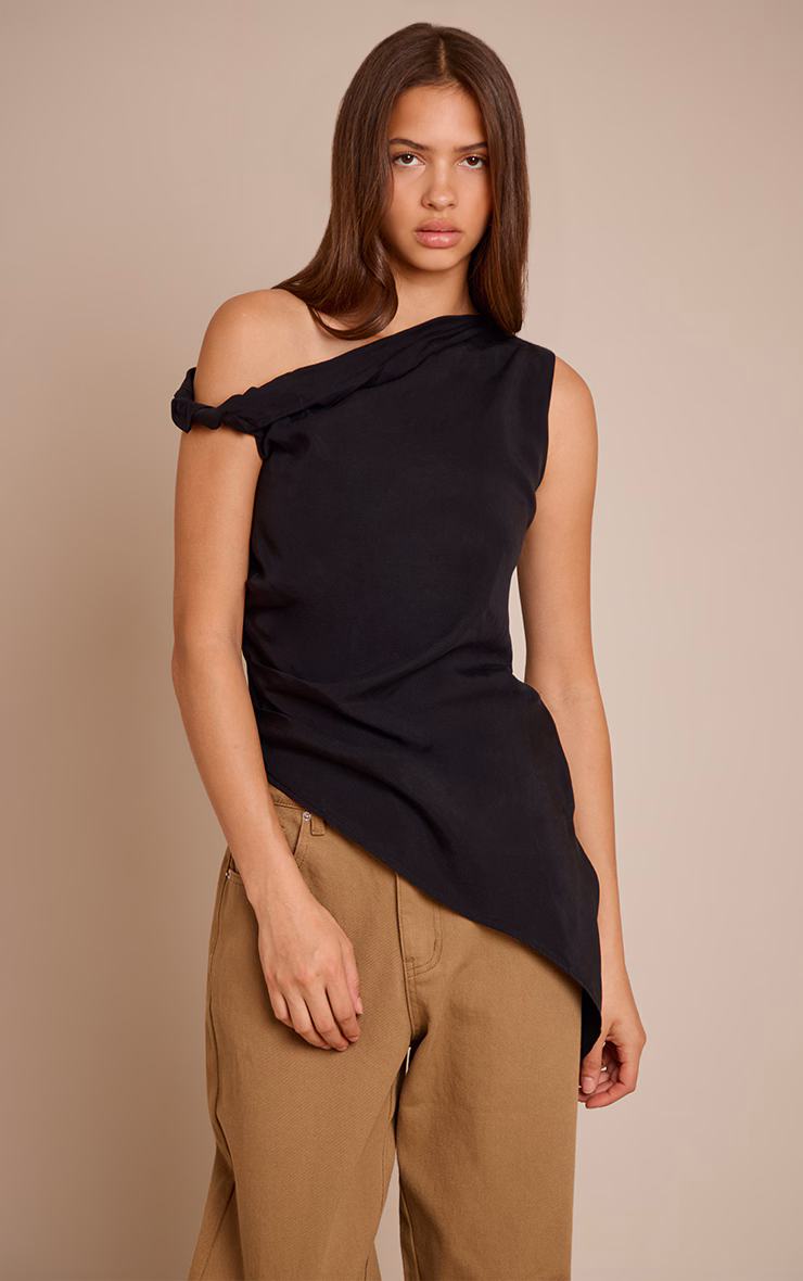 Black Tencel Asymmetric Drape Long Top