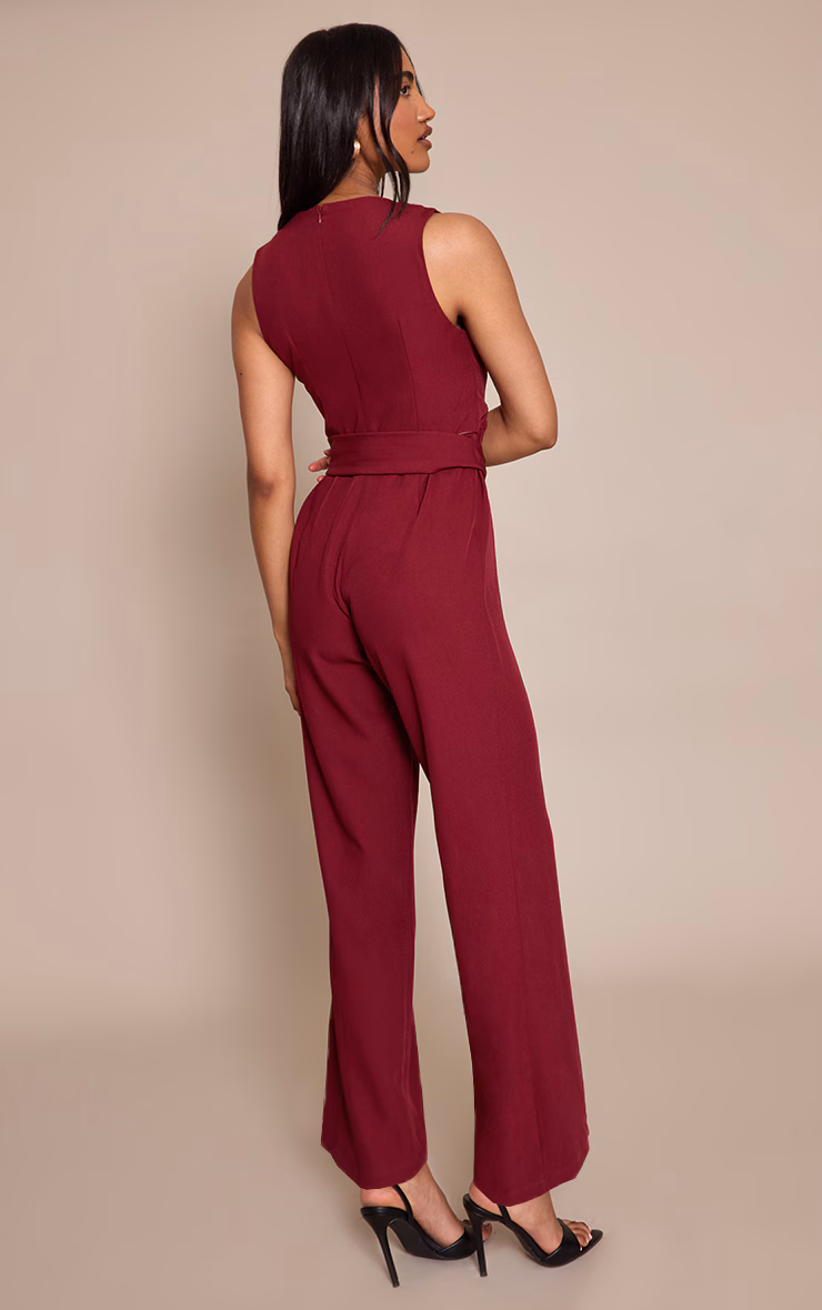 Burgundy Woven Crew Neck Belt Wide Leg Jumpsuit