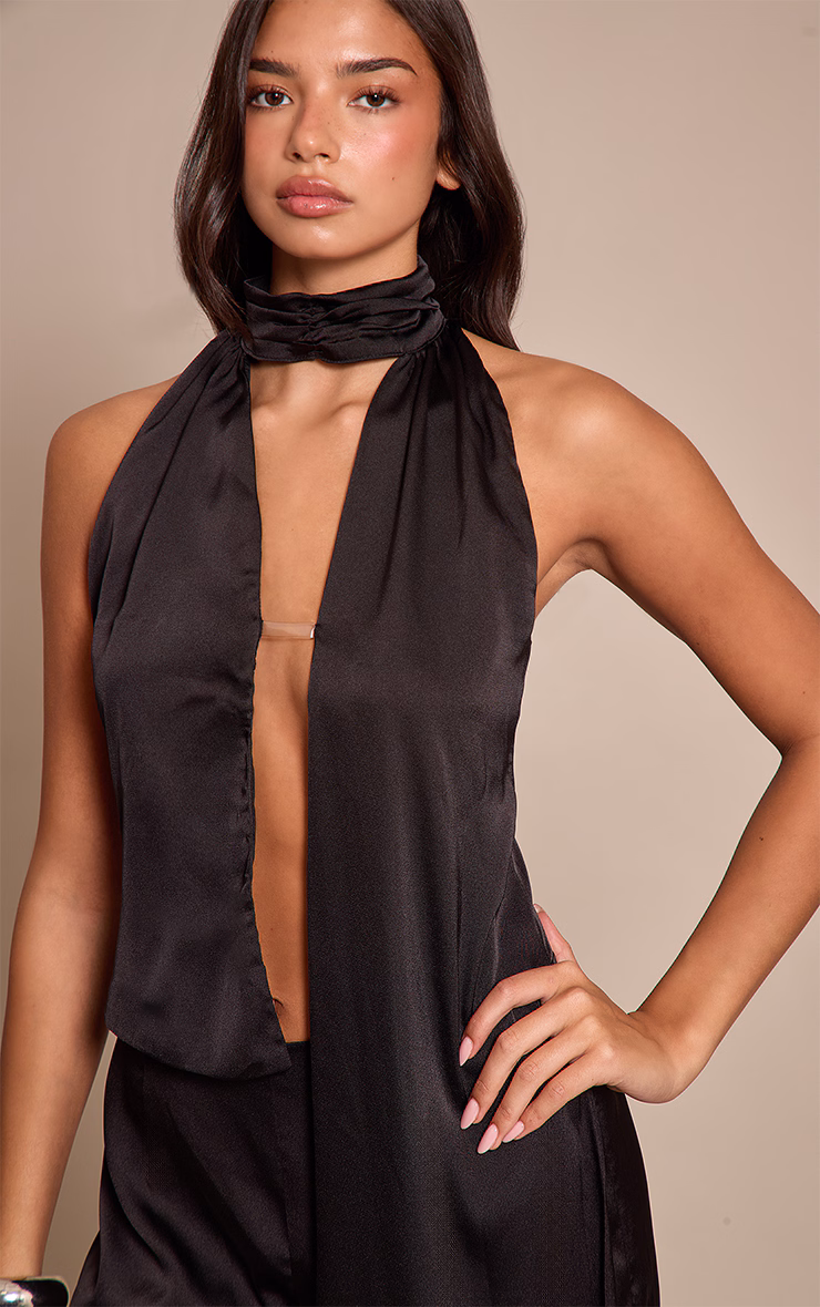 Black Satin Drape Wide Leg Jumpsuit