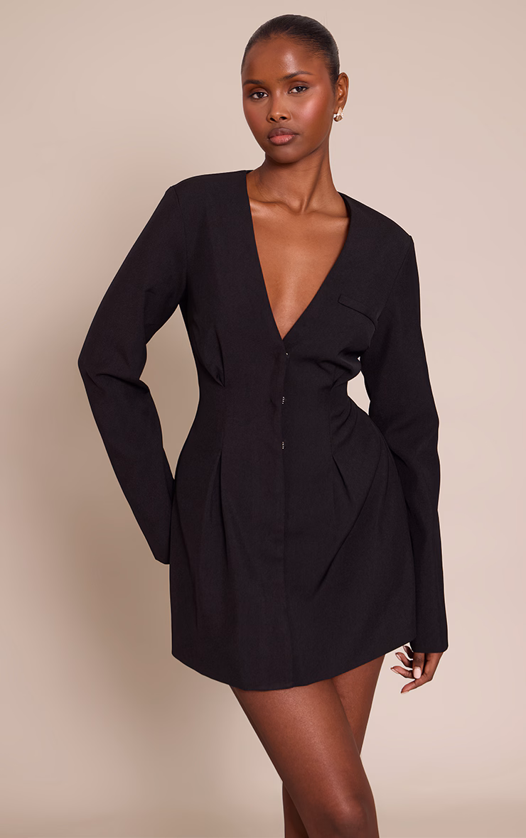Black Cinched Waist Pleated Blazer Dress