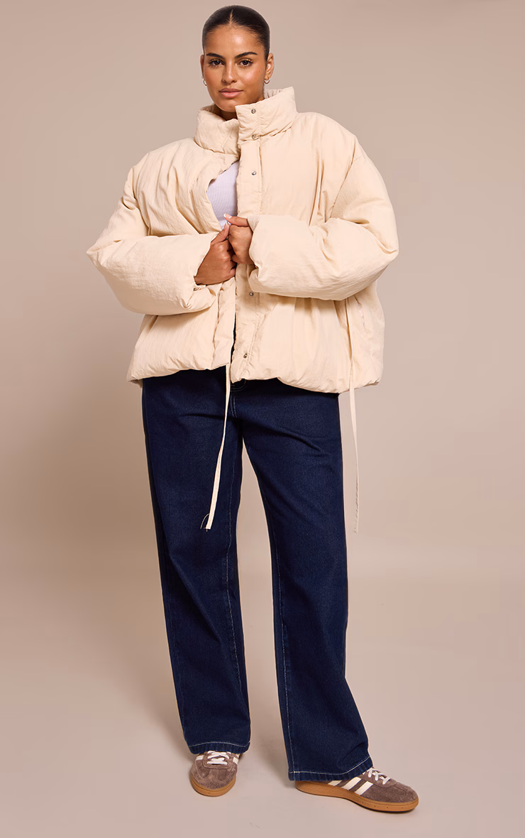 Plus Cream High Neck Tie Waist Quilted Jacket