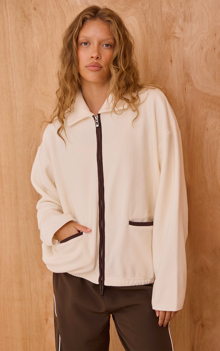 Cream Contrast Binding Zip Up Fleece