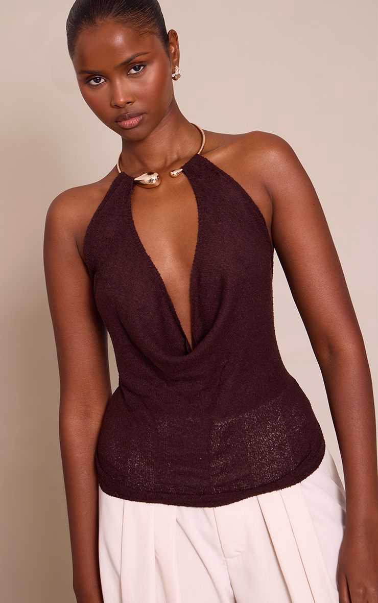 Chocolate Gold Cuff Detail Knitted Top