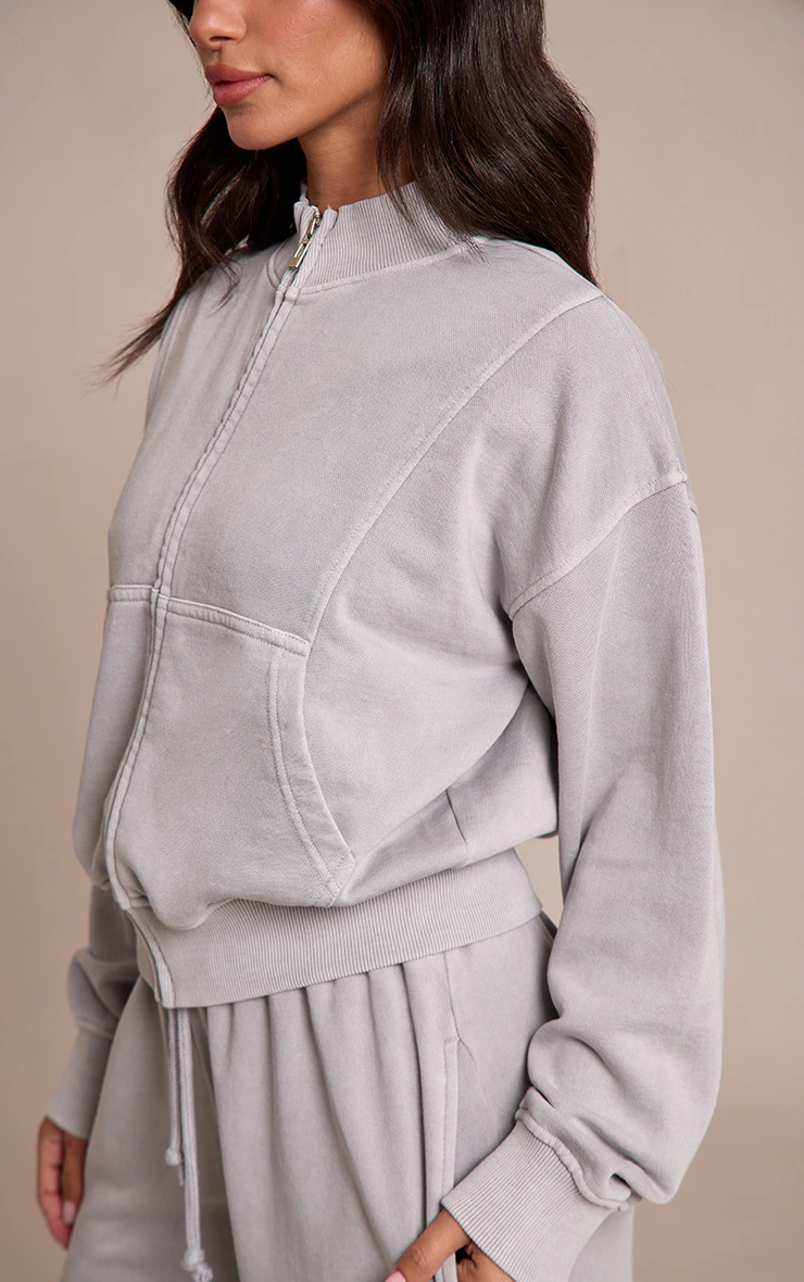 Petite Ash Grey Acid Wash Funnel Neck Zip Sweatshirt