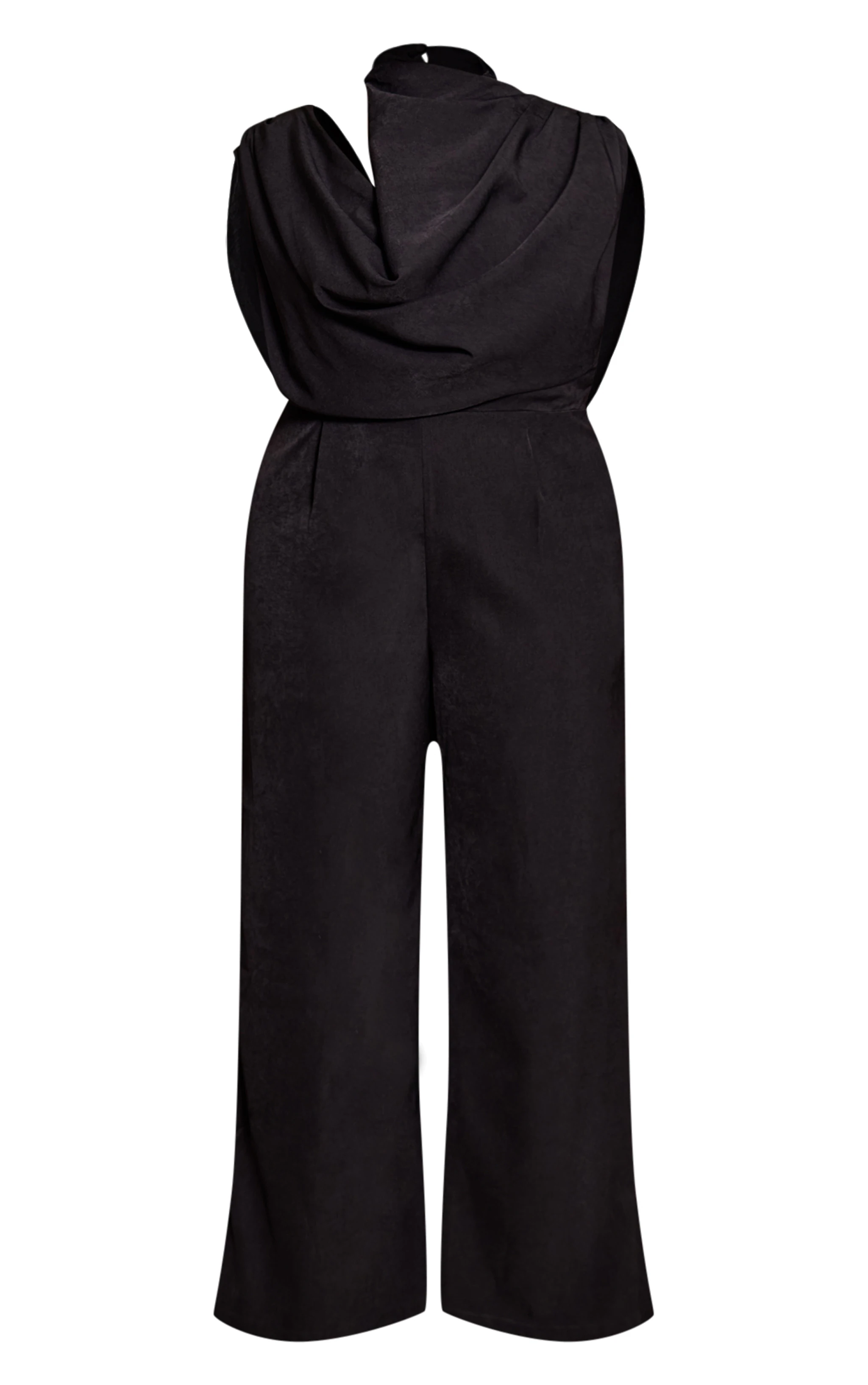 Plus Premium Black Woven Asymmetric Cowl Drape Back Jumpsuit