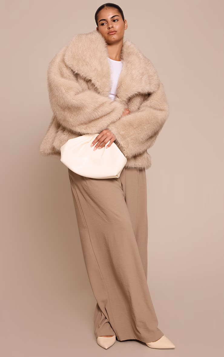Plus Beige Faux Fur Short Shawl Collar Coat