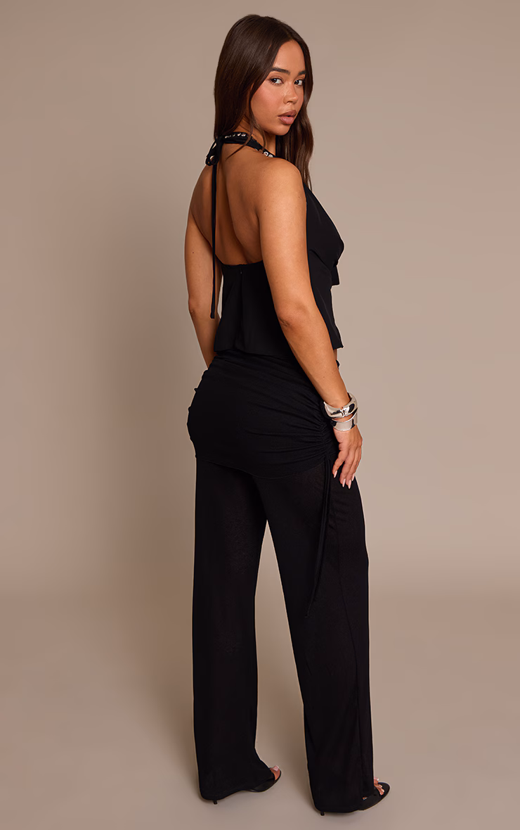 Black Drape Panel Straight Leg Pants