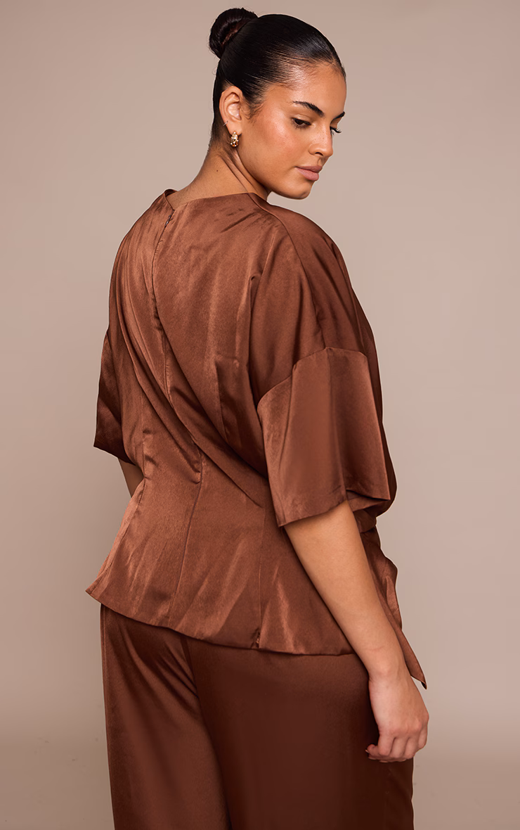 Plus Chocolate Satin Twist Detail Woven Top