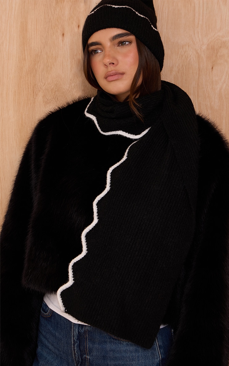 Black With White Scalloped Trim Scarf