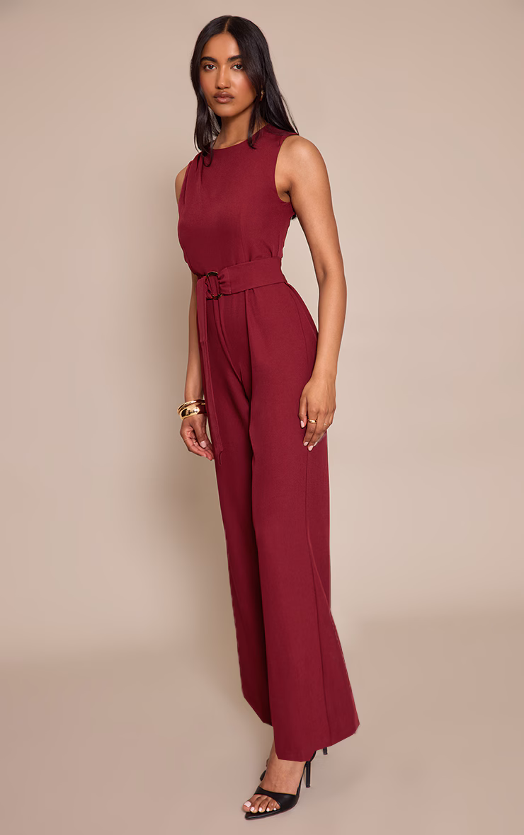 Burgundy Woven Crew Neck Belt Wide Leg Jumpsuit