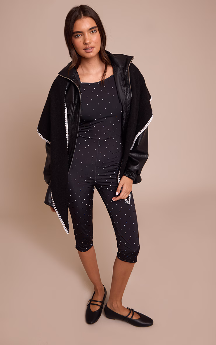 Black Slinky Poka Dot Capri Jumpsuit