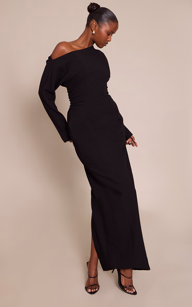 PLT Label Black Asymmetric Batwing Sleeved Cinched Waist Maxi Dress
