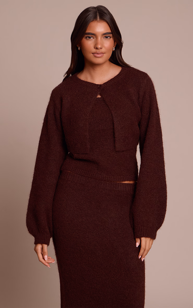 Brown Knitted Extreme Cropped Cardigan