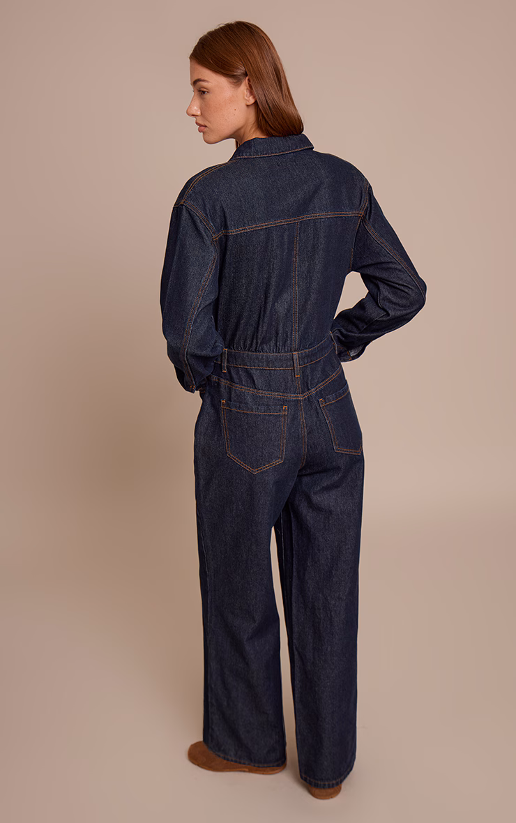 Indigo Contrast Stitch Long Sleeve Denim Jumpsuit