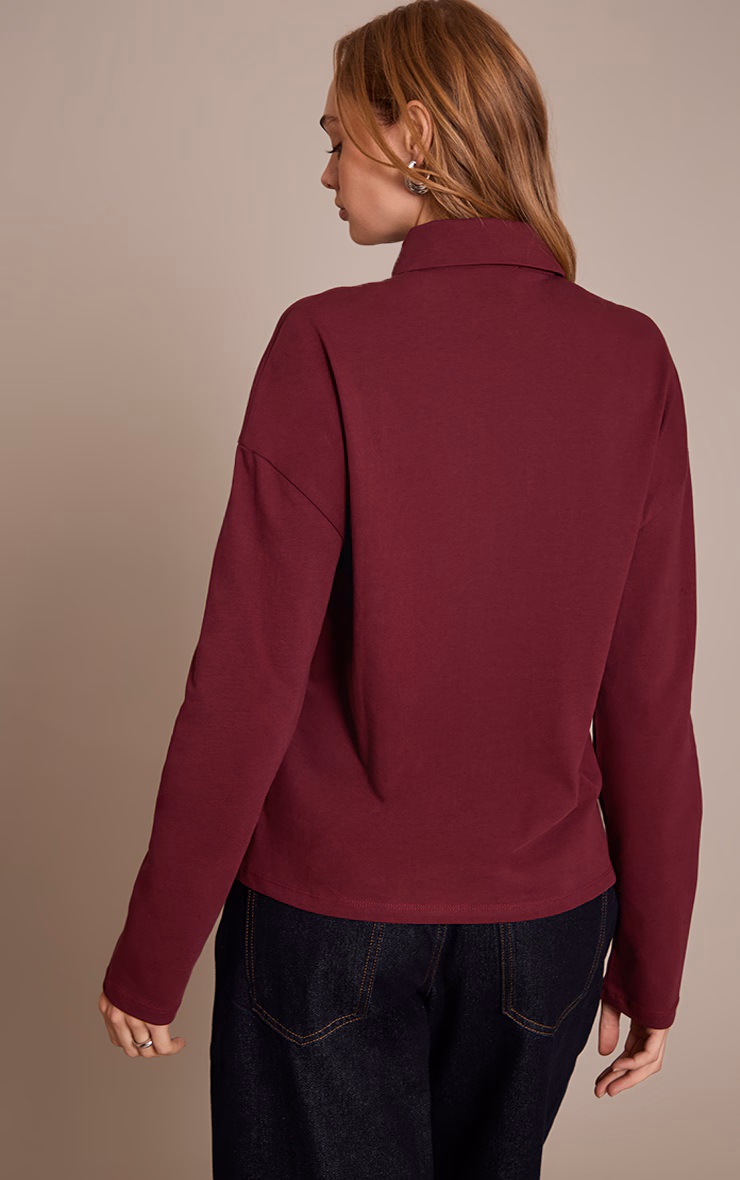 Plum Cotton Polo Collar Long Sleeve Top