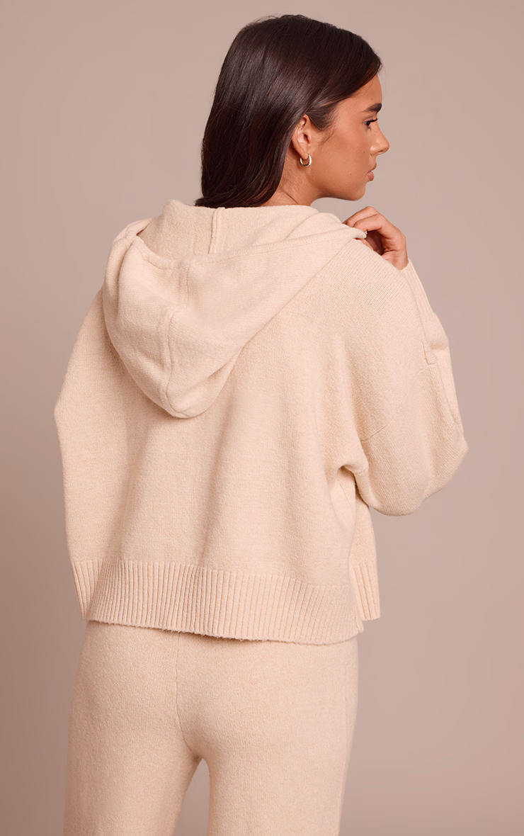 Beige Zip Through Knitted Hoodie