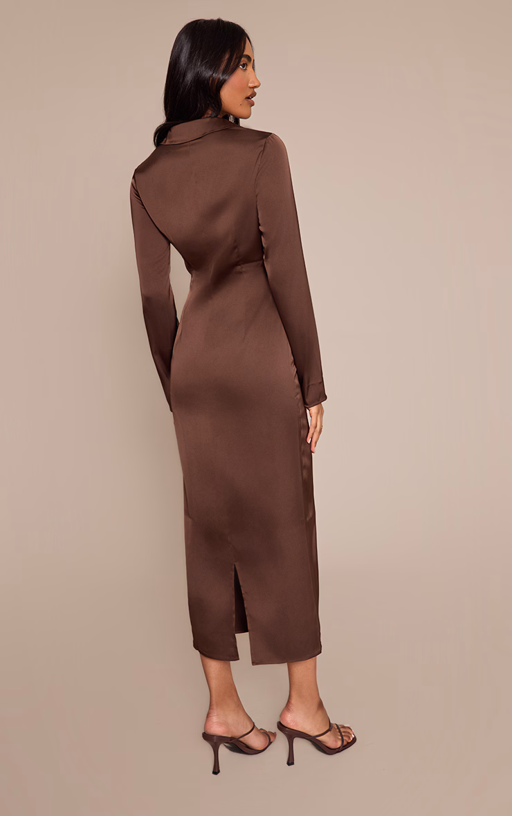 Chocolate Satin Ruched Detail Long Sleeve Midaxi Dress