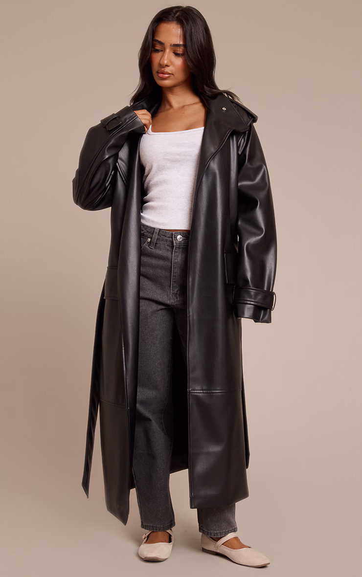 Petite Black Tie Waist Maxi Trench Coat