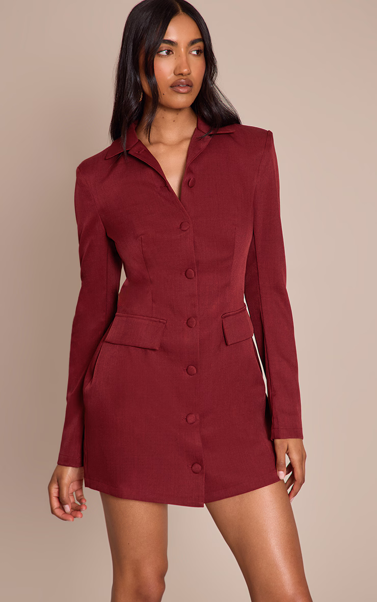Burgundy Tailored Button Up Pocket Detail Mini Dress